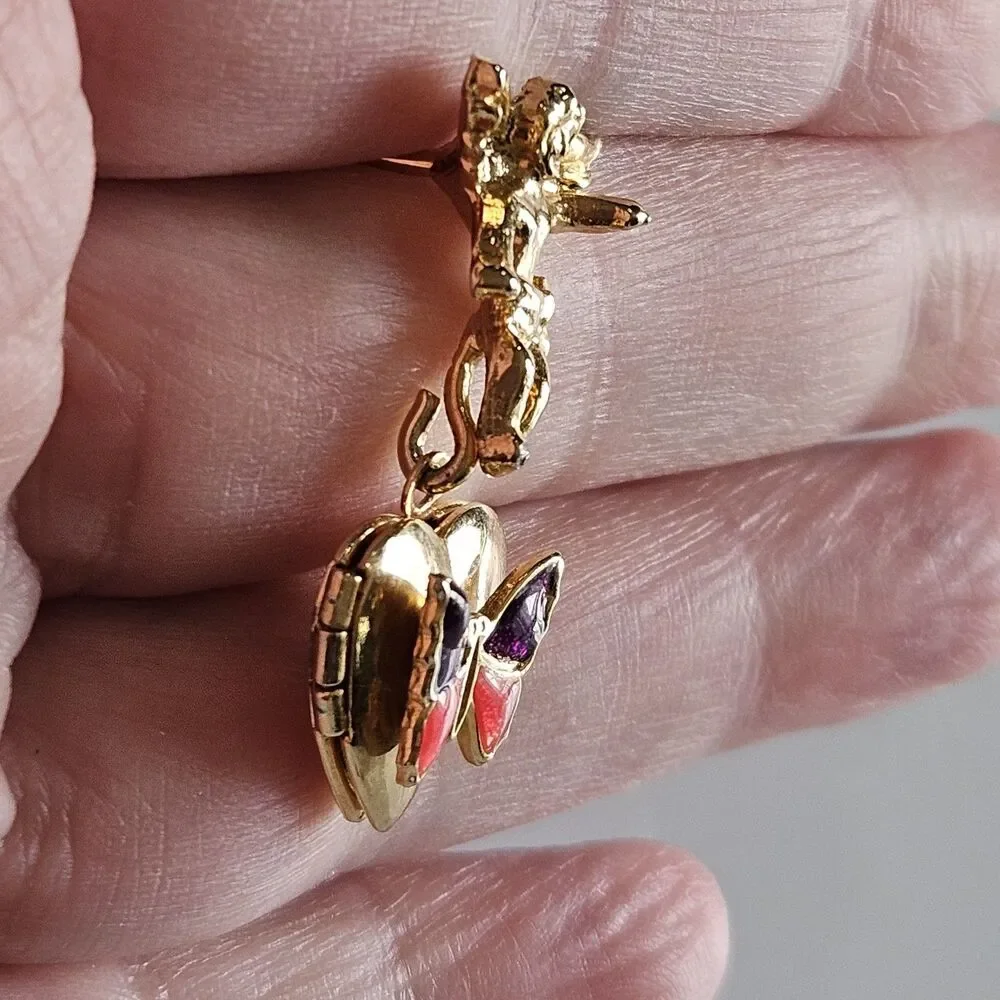 Vintage Lapel Pin Angel Locket Heart Dangle Butterfly Gold Tone